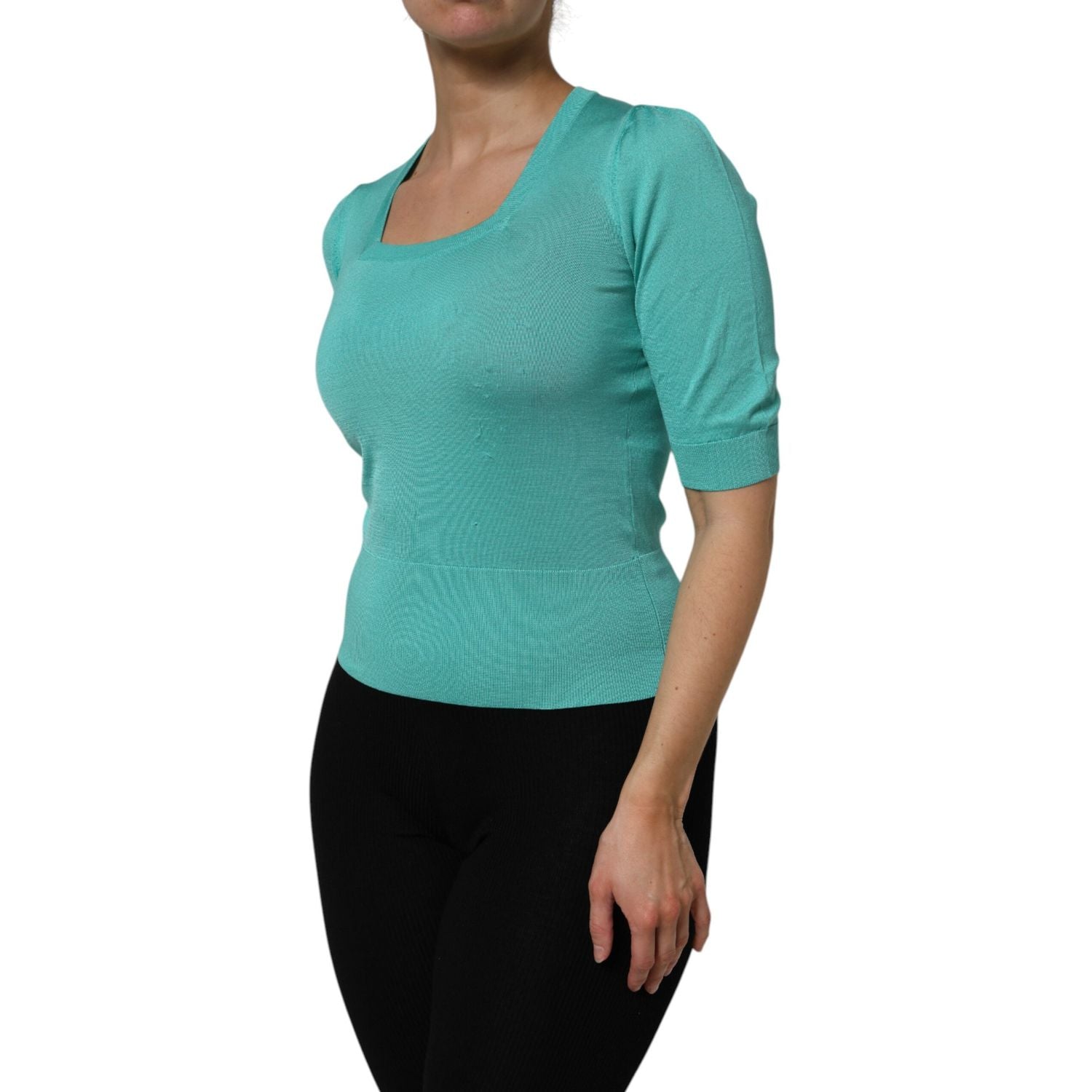 Dolce & Gabbana Aqua Blue Silk Short Sleeves Square Neck Top