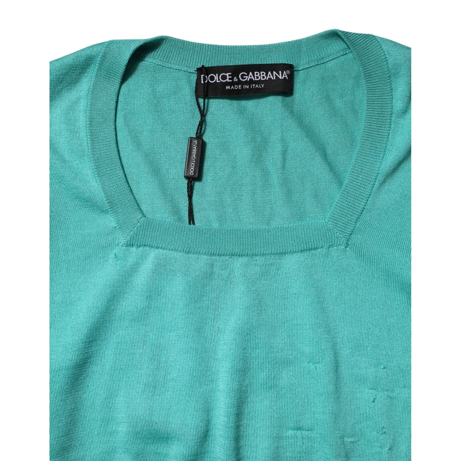 Dolce & Gabbana Aqua Blue Silk Short Sleeves Square Neck Top