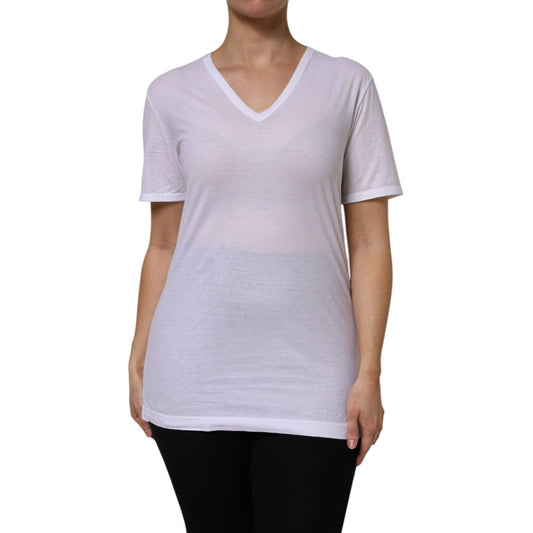 Dolce & Gabbana White Cotton Short Sleeves V-Neck Top T-shirt TSH87388-38