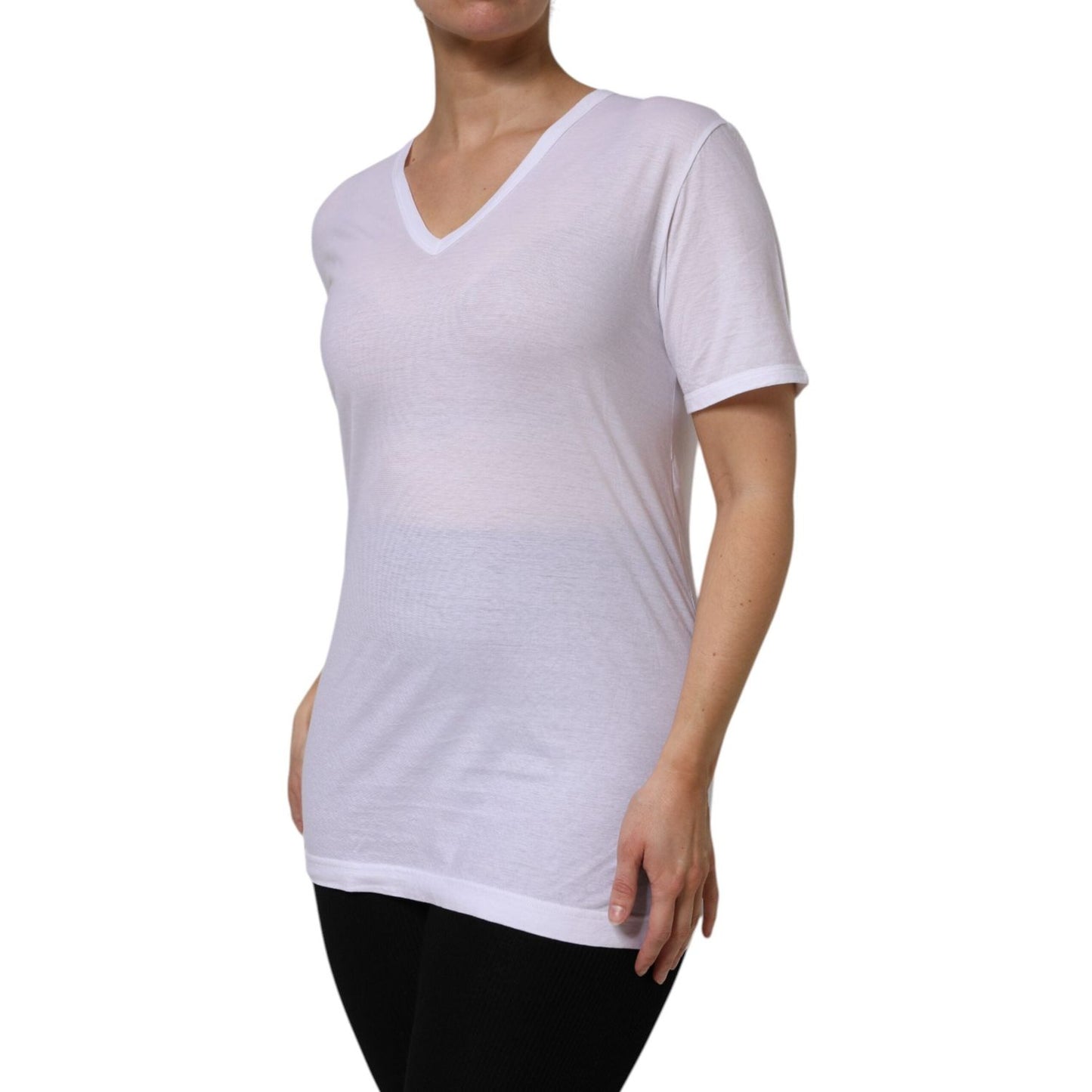 Dolce & Gabbana White Cotton Short Sleeves V-Neck Top T-shirt TSH87388-38