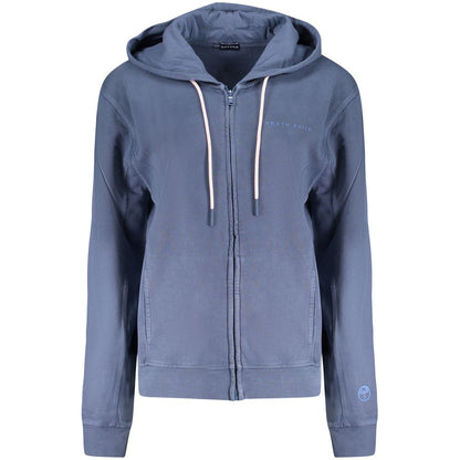 North Sails Blue Cotton Women Sweater with hood and zip closure, featuring embossed print and logo, perfect for casual wear.