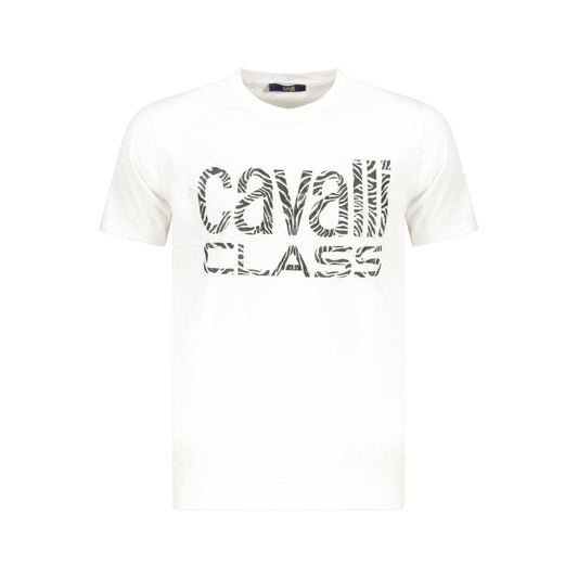 Cavalli Class White Cotton Men T-Shirt with iconic logo, short sleeves, crew neck, designed for refined chic and comfort in premium cotton.