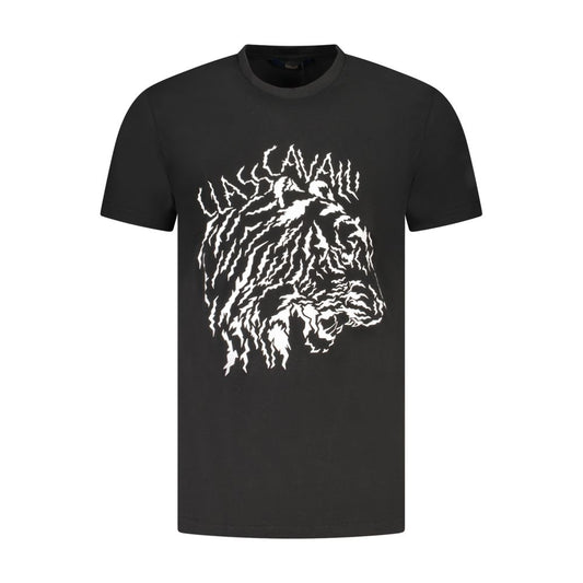 Cavalli Class Black Cotton Men T-Shirt with bold print and logo, featuring crew neck and short sleeves, perfect for high-end streetwear style.