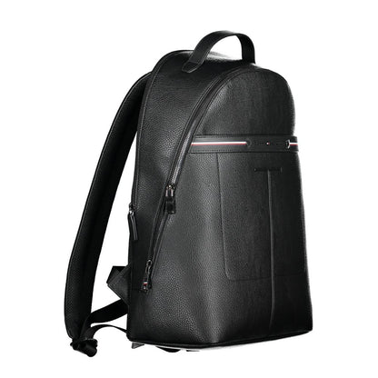Tommy Hilfiger Black Polyethylene Men Backpack with logo, top handle, and adjustable straps, featuring multiple pockets and stylish design.
