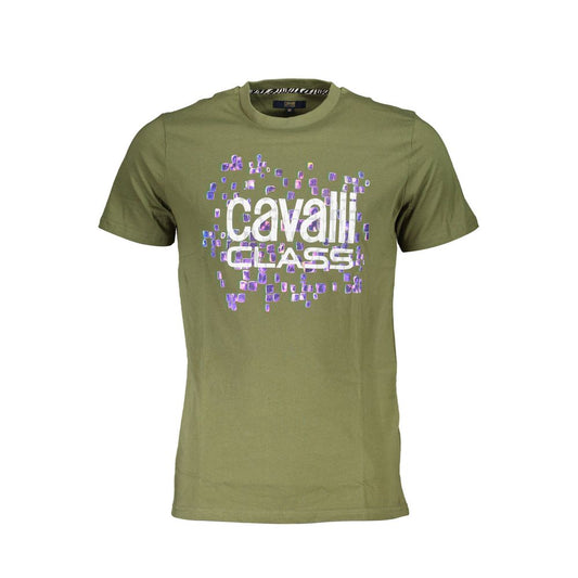 Cavalli Class Green Cotton Men T-Shirt with bold logo and distinctive print, short sleeve crew neck for off-duty style.