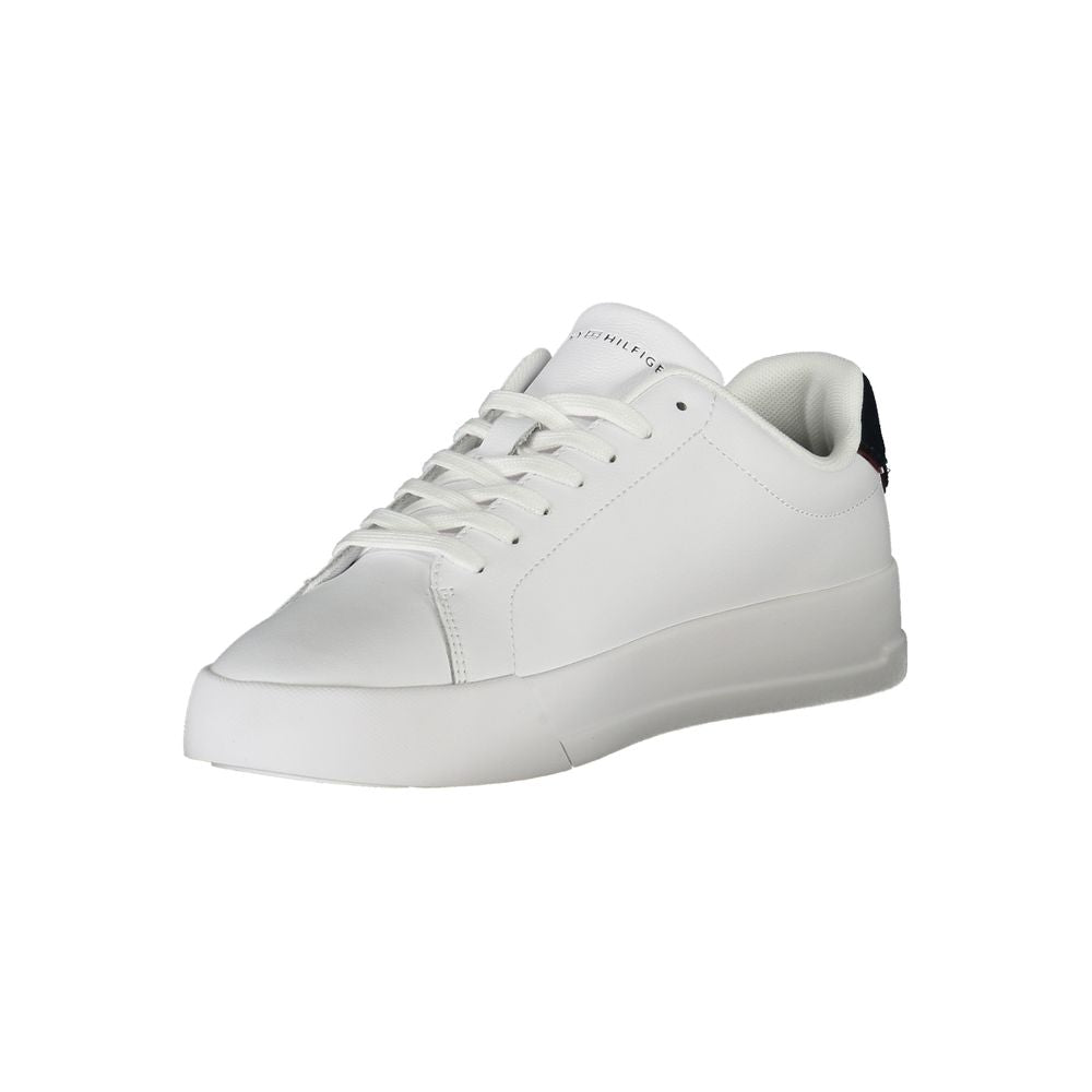 Tommy Hilfiger White Polyethylene Men Sneaker with blue accents and iconic logo, featuring premium materials and a removable insole for comfort.