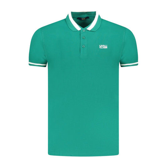 Alt Tag: Cavalli Class Green Cotton Men Polo Shirt with embroidery logo, short sleeves, and contrasting details, perfect for casual or smart-casual wear.
