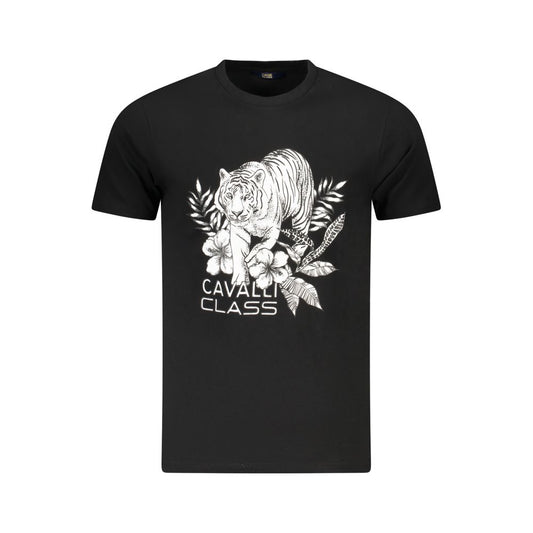 Cavalli Class Black Cotton Men T-Shirt with bold print and iconic logo, perfect for stylish casual or evening wear.