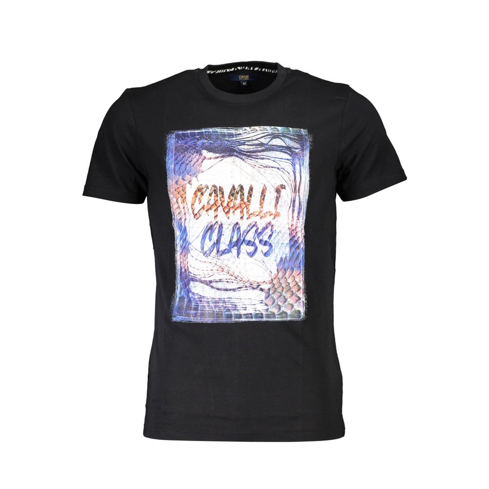 Cavalli Class Black Cotton Men T-Shirt with bold logo print, short sleeves, classic crew neck, Italian luxury fashion.