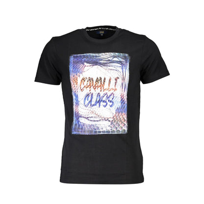 Cavalli Class Black Cotton Men T-Shirt with bold logo print, short sleeves, classic crew neck, Italian luxury fashion.