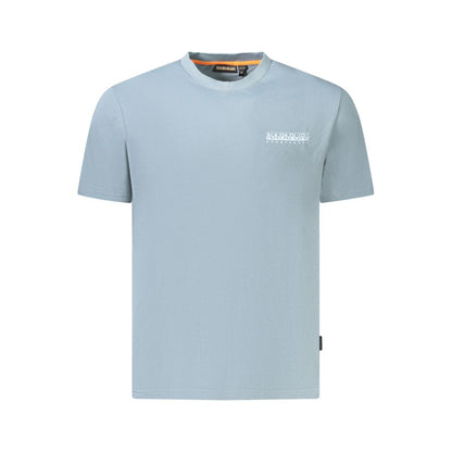 Light blue Napapijri men’s T-shirt showcasing brand logo, crafted from organic cotton, highlighting sustainable fashion appeal.