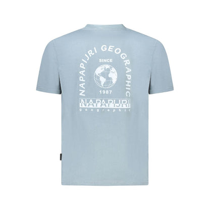 Back view of light blue Napapijri T-shirt with logo and globe design