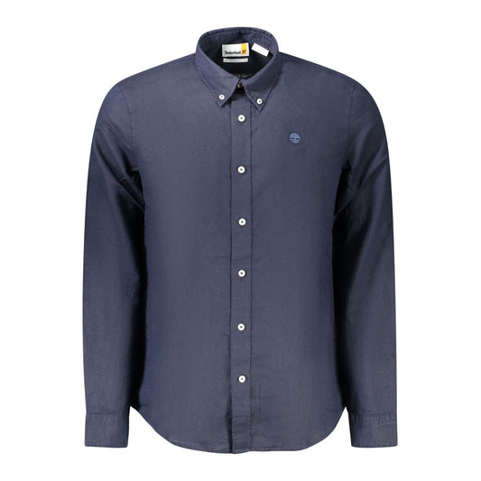 Timberland Blue Cotton Shirt, long-sleeved, slim fit, button down collar, button cuffs, embroidered logo, stylish men's fashion.