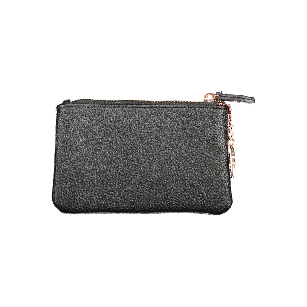 Mario Valentino Black Polyethylene Wallet with card spaces, key ring chain, zip closure, and logo, made from recycled materials.