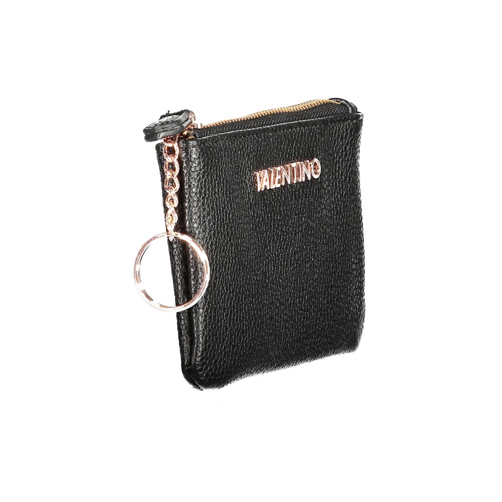 Mario Valentino Black Polyethylene Wallet with zip closure, card slots, internal chain with key ring, and logo design.