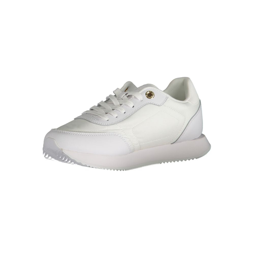 Tommy Hilfiger White Polyester Sneaker with laces, contrast details, and logo, ideal sports footwear
