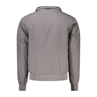 Back view of North Sails Gray Polyamide Men Jacket with long sleeves and ribbed hem, featuring sustainable fashion elements.
