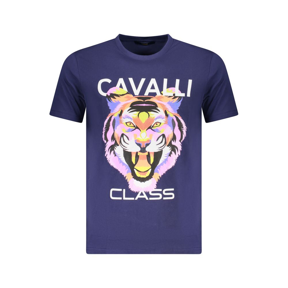 Cavalli Class Blue Cotton Men T-Shirt featuring bold tiger print and logo, perfect for a stylish and sophisticated look.