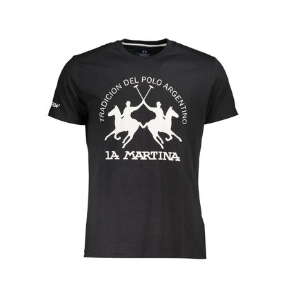 La Martina Black Cotton Men T-Shirt with bold polo design and logo, regular fit, crew neck for style-savvy fashion enthusiasts.