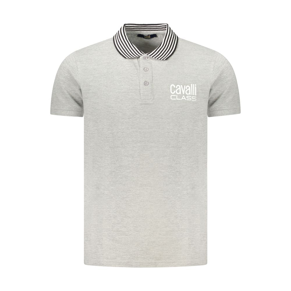 Cavalli Class Gray Cotton Polo Shirt with short sleeves, 3 buttons, logo, and contrasting print details.