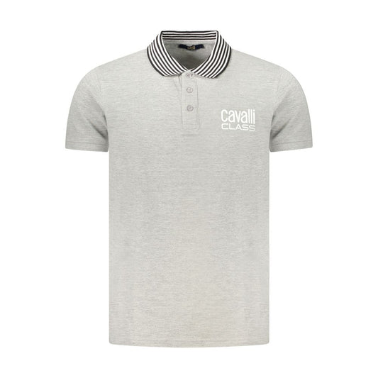 Cavalli Class Gray Cotton Polo Shirt with short sleeves, 3 buttons, contrasting details, print, and logo.