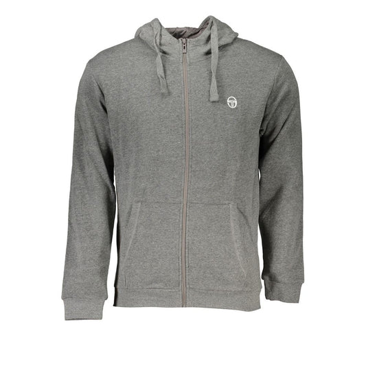 Sergio Tacchini Gray Cotton Men's Hooded Sweater with logo, zip, and pockets - stylish and comfortable casual fleece.