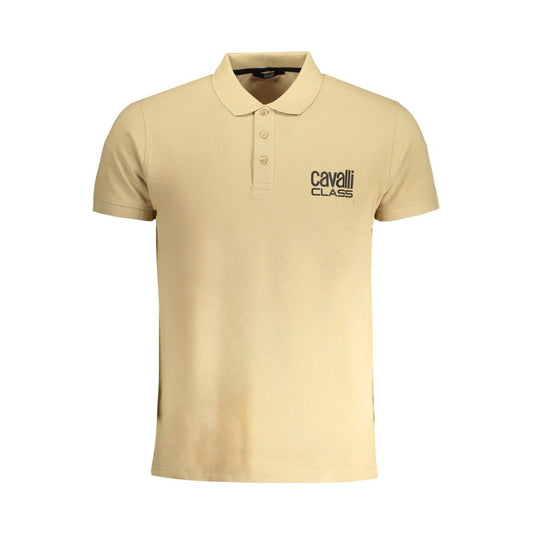 Cavalli Class Beige Cotton Polo Shirt with short sleeves and button details, featuring a logo print on the chest.