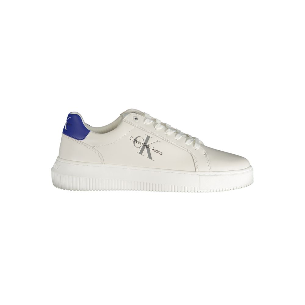 Calvin Klein White Polyester Sneaker with logo and contrast details, 50% recycled material, sports shoe with laces and print.