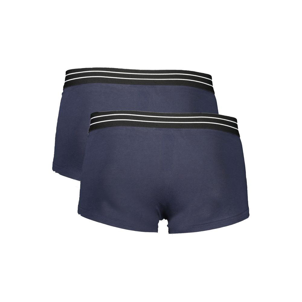 Alt Tag: Cavalli Class Blue Cotton Men Boxer bi-pack with elastic waistband, two pairs showcasing Italian design and comfort.