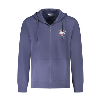 Wrangler Blue Cotton Men Sweater with graphic print and zip front, perfect for off-duty style and comfort.