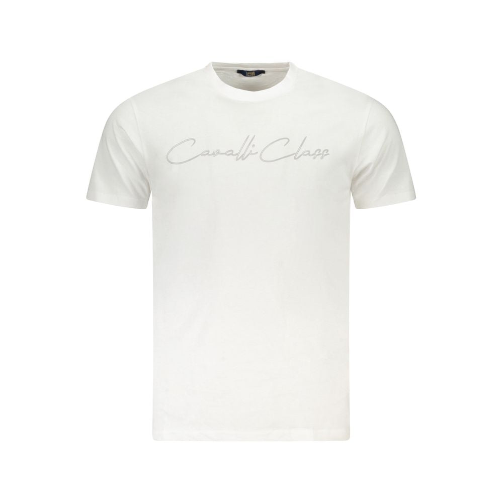 Cavalli Class White Cotton Mens TShirt featuring brand logo and contemporary design, showcasing bold fashion statement and comfort.