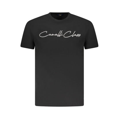 Cavalli Class Black Cotton Men T-Shirt with logo and bold print displayed on a sleek crew neck short sleeve design.