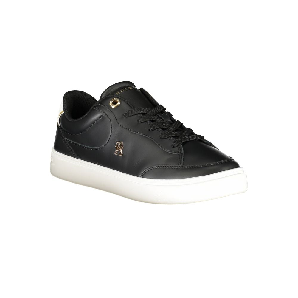 Tommy Hilfiger Black Leather Women Sneaker with iconic logo and removable footbed for personalized comfort.