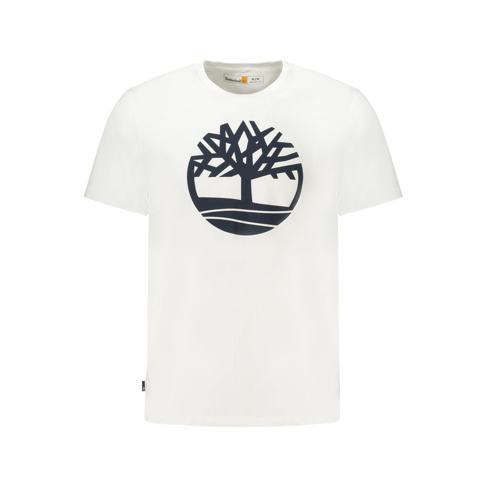 Timberland White Cotton Men T-Shirt with bold logo print, crew neck, regular fit, pure cotton, casual sophistication.