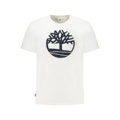 Timberland White Cotton Men T-Shirt with bold logo print, crew neck, regular fit, pure cotton, casual sophistication.