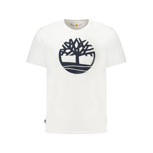 Timberland White Cotton Men T-Shirt with bold logo print, crew neck, regular fit, pure cotton, casual sophistication.