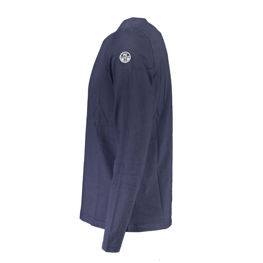 Side view of North Sails Blue Cotton Men T-Shirt with long sleeves and logo detail, showcasing its premium cotton material for comfort.
