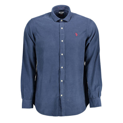 U.S. POLO ASSN. Blue Cotton Men Shirt with long sleeves, French collar, and embroidered logo, displaying classic sophisticated style.