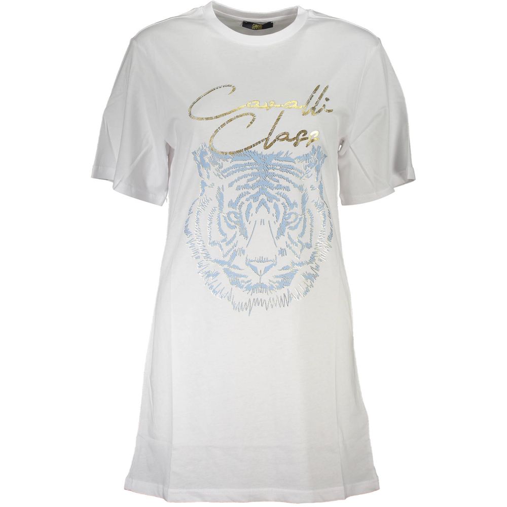 Cavalli Class White Cotton Women T-Shirt with logo print and tiger design