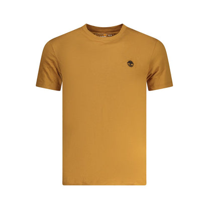 Timberland Brown Cotton Men T-Shirt, slim-fit crew neck with iconic logo, showcasing casual luxury in a short-sleeve design.