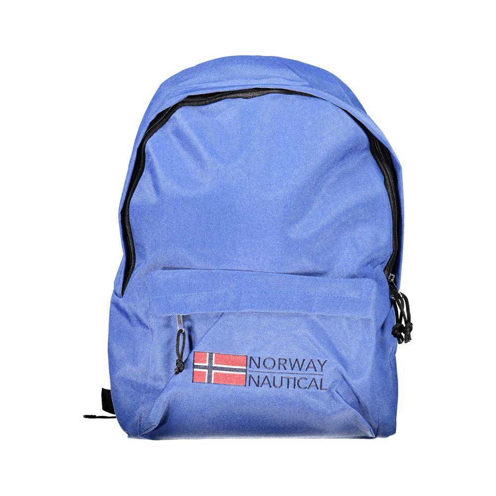 Blue backpack with Norway 1963 Blue Polyester Men Backpack embroidery and Norway nautical logo, featuring adjustable straps and external pocket.
