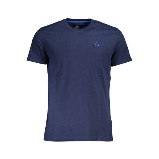La Martina Blue Cotton Men TShirt with logo embroidery, stylish short sleeve, regular fit for modern style, premium quality.