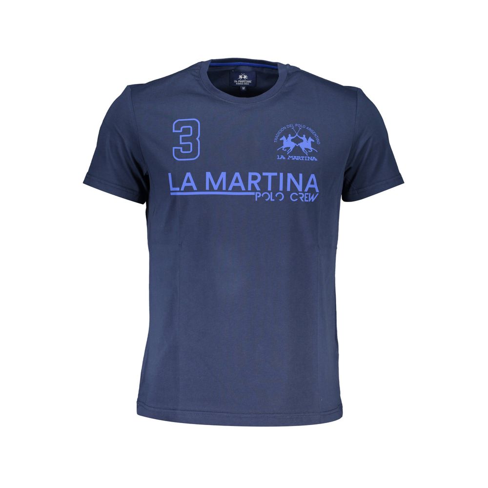 La Martina Blue Cotton Men T-Shirt with bold print and logo on front view