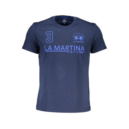 La Martina Blue Cotton Men T-Shirt with bold print and logo on front view