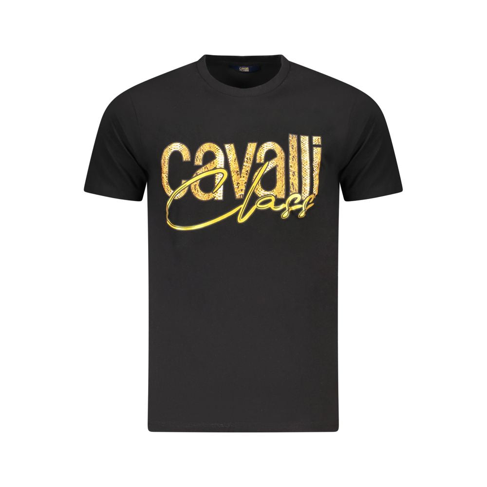 Cavalli Class Black Cotton Men T-Shirt with bold logo print, crew neck, and short sleeves, perfect for fashion-forward style.