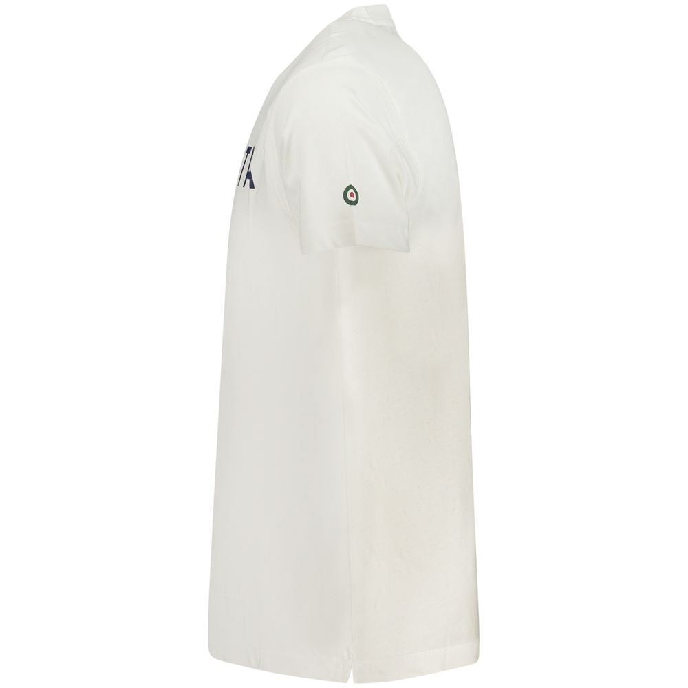 Side view of Armata Di Mare White Cotton Men T-Shirt featuring logo on sleeve, showcasing its elegant and stylish design.