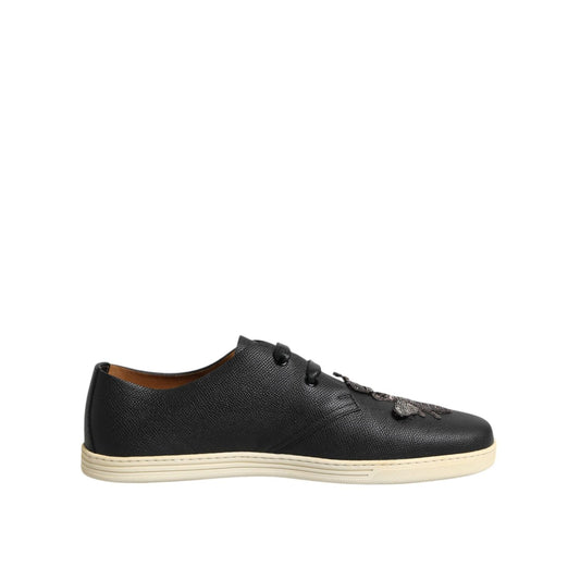 Dolce & Gabbana Black Leather Bee Crown Low Top Sneakers Shoes