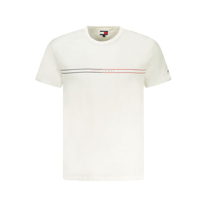 Tommy Hilfiger White Cotton Men T-Shirt with logo print, crew neck, and short sleeves, showcasing sustainable fashion and brand charm.