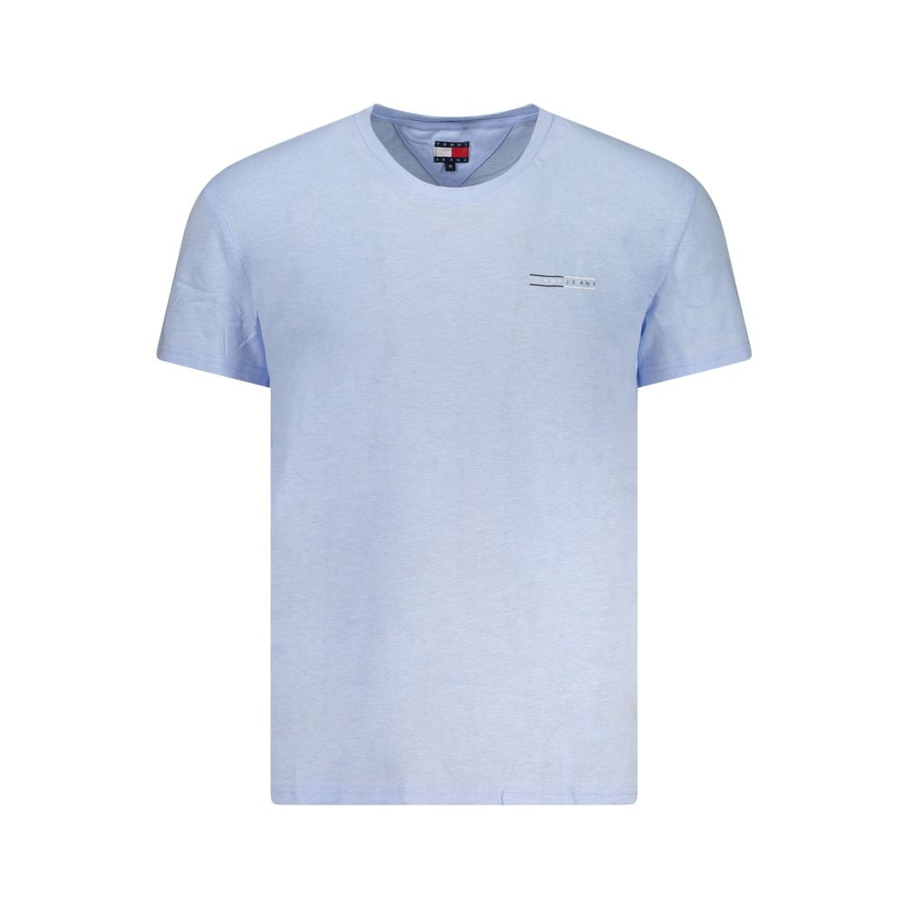 Tommy Hilfiger Blue Cotton Men T-Shirt with short sleeves and logo print, crafted from regenerative cotton for casual elegance.