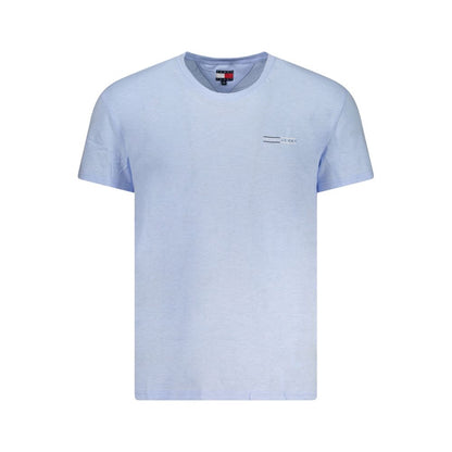 Tommy Hilfiger Blue Cotton Men T-Shirt with short sleeves and logo print, crafted from regenerative cotton for casual elegance.